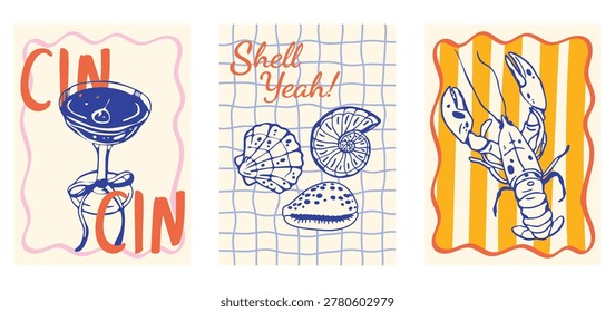 Set of trendy coastal summer posters in retro doodle style. Hand drawn vector posters with seashells, lobster and cocktail in dolce vita style. Illustration for menus design, invitations and summer