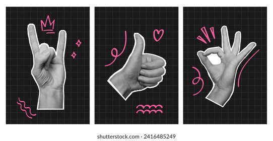 Set of trendy collage posters with woman hands and doodle elements. Vector illustration