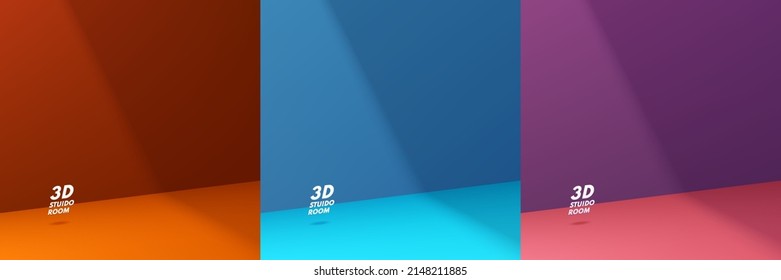 Set of trendy color 3D abstract room in shadow. Realistic blue, pink, purple and orange background for product display. Minimal wall scene for mockup products ,Stage for showcase, Promotion display.