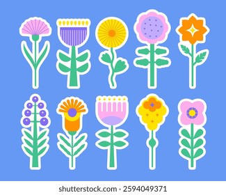 Set of trendy color geometric flowers. White stickers with floral icons in folk geometric style.