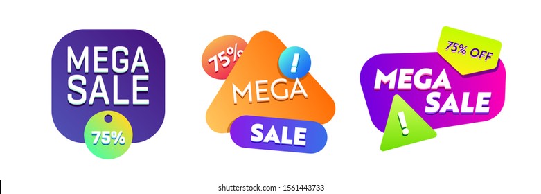 Set of trendy colorful abstract figures. Mega Sale text, bright shapes dynamical colored forms. Trendy design for advertising banners, retail posters, flyers, labels