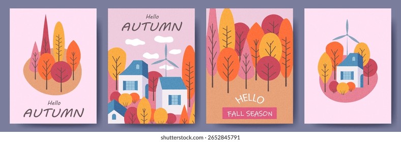 Set of trendy, colorful autumn posters, covers, and cards featuring houses among trees and autumn forests. Autumn background, template for advertising, sales, websites, social media, and print