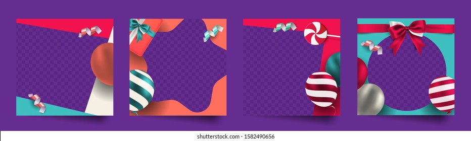 Set of trendy colorful celebration social media post frame border template with 3d realistic decorative balloon, gift box and ribbon confetti vector