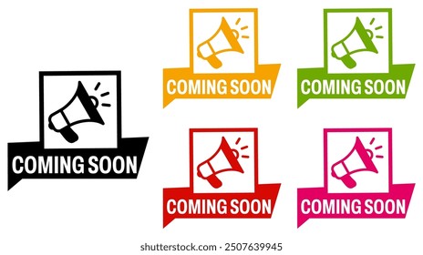 set trendy colorful coming soon labels icon. coming soon sign social media template design vector illustration