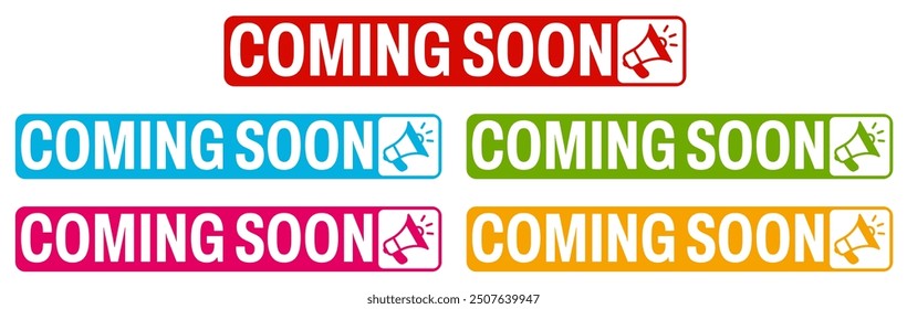 set trendy colorful coming soon labels icon. coming soon sign social media template design vector illustration