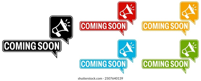 set trendy colorful coming soon labels icon. coming soon sign social media template design vector illustration