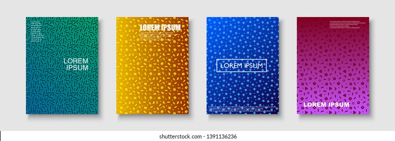 Set of trendy colorful covers -  retro mempis style 80-90s. Modern backgrounds brochures, posters, banners, templates, cards. 