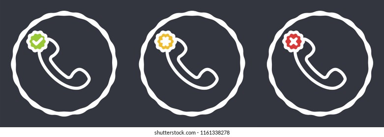 set of trendy colorful flat vector icons of retro telephone handset. Check mark, green tick, prohibition sign, star. Answer,drop,hold. dashed line. 