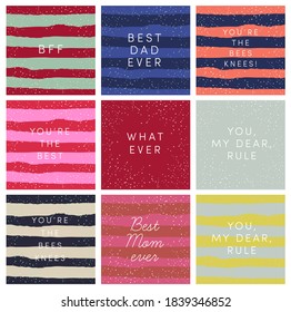 Set of trendy colorful greeting cards, gift tags, stickers, girl power motivation notes. Stripes, glitter, confetti, text. Vector template for b-days, holidays, Valentine's, Mother's or Father's Day