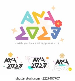 Set of trendy colorful Happy New Year lettering. Clipart for typographic design with decoration element. Isolated vector illustrations.