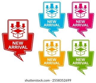 set trendy colorful new arrival icon sign. comes new product labels template sticker design vector illustration