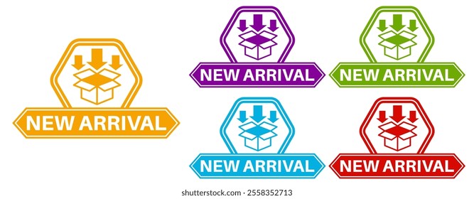 set trendy colorful new arrival icon sign. comes new product labels template sticker design vector illustration