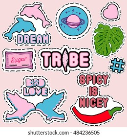 Set of trendy colorful patch badges with dolphins, birds, hot pepper, heart, palm leaf, hashtag, planet, sugar packet and other elements. Good for stickers, pins, patches.