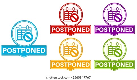 set trendy colorful postponed labels icon. delay sign reschedule symbol social media template design vector illustration