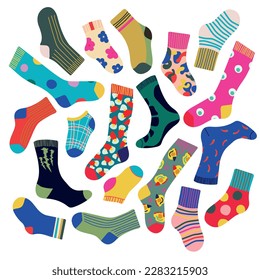 Set of trendy colorful socks. Modern socks in different colors, top down view. Socks for men, women, children. Cartoon design for web and print.