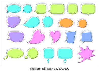 Set of trendy colorful speech bubble shapes. Talking, speaking, chatting, screaming, thinking balloons. Text banners, frames, stickers, badges collection. Circle, square, oval, heart silhouettes.
