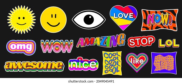 Set Of Trendy Colorful Stickers. Modern Acid Patches Vector Design. Cool Badges.