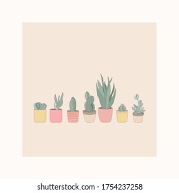 Set of trendy colorful succulents and cactus plants in a pottery garden. Vector illustration for design, greeting cards, posters indoor plants.