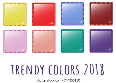 Set of trendy colors. Vector color palette Swatches for seasonal, fashion projects. Meadowlack, cherry tomato, little boy blue, chili oil, pink lavender, blooming dahlia, arcadia, ultra violet