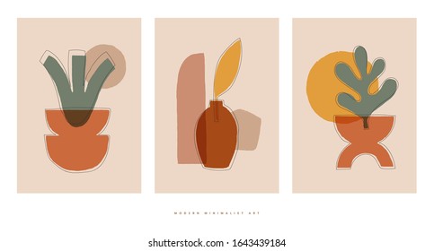 Set of trendy compositions with abstract botanical shapes vector illustration. Modern minimalist art. Flat creative design for posters or social media content.