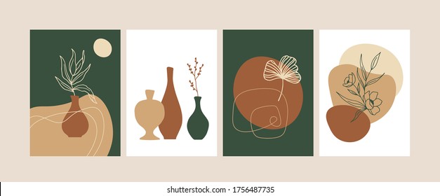 Set of trendy compositions with abstract botanical shapes vector illustration. Modern art collection. Home decor posters.