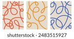Set of trendy contemporary abstract creative hand drawn minimalist posters with organic line, shape pattern for wall decoration, postcard or brochure cover design in retro style art.