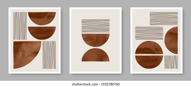 Set von trendigen zeitgenössischen abstrakten, kreativen minimalistischen handgemalten Kompositionen für Wanddekoration, Postkarten- oder Broschürendesign in Vintage-Art.  
EPS10-Vektor.