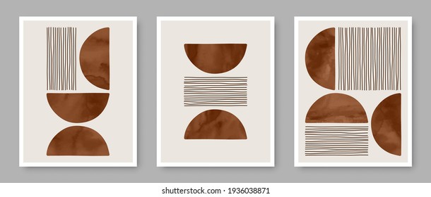 Set von trendigen zeitgenössischen abstrakten, kreativen minimalistischen handgemalten Kompositionen für Wanddekoration, Postkarten- oder Broschürendesign in Vintage-Art.  
EPS10-Vektor.