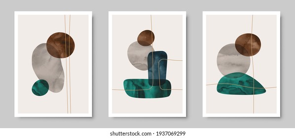 Set of trendy contemporary abstract creative hand painted compositions for wall decoration, postcard or brochure cover design in vintage style art.  
EPS10 vector.