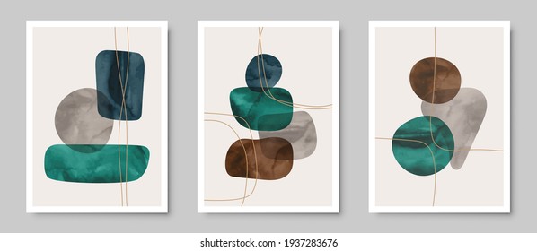 Set of trendy contemporary abstract creative hand painted compositions for wall decoration, postcard or brochure cover design in vintage style art.  
EPS10 vector.