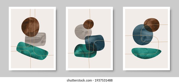 Set of trendy contemporary abstract creative hand painted compositions for wall decoration, postcard or brochure cover design in vintage style art.  
EPS10 vector.