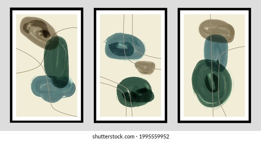 Set of trendy contemporary abstract creative hand painted compositions for wall decoration, postcard or brochure cover design in vintage style art. EPS10 vector.