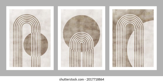 Set of trendy contemporary abstract creative geometric minimalist artistic watercolor compositions. Vector design for wall decoration, decor, print, poster, wallpaper, postcard, brochure cover.