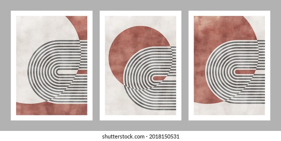 Set of trendy contemporary abstract creative geometric minimalist artistic watercolor compositions. Vector design for wall decoration, decor, print, poster, wallpaper, postcard, brochure cover.
