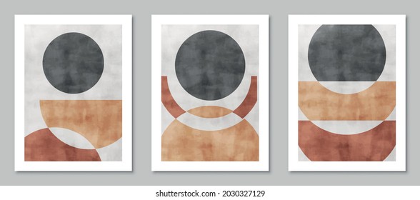 Set of trendy contemporary abstract creative minimalist hand painted compositions for wall decoration, postcard or brochure cover design in vintage style art. EPS10 vector.