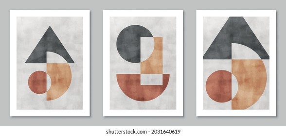 Set of trendy contemporary abstract creative minimalist hand painted compositions for wall decoration, postcard or brochure cover design in vintage style art. EPS10 vector.