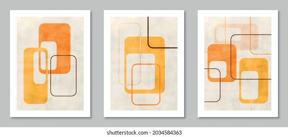 Set von trendigen zeitgenössischen abstrakten, kreativen minimalistischen handgemalten Kompositionen für Wanddekoration, Postkarten- oder Broschürendesign in Vintage-Art. EPS10 Vektor.