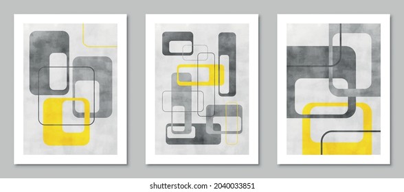 Set of trendy contemporary abstract creative minimalist hand painted compositions for wall decoration, postcard or brochure cover design in vintage style art. EPS10 vector.