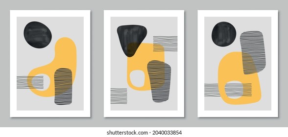 Set of trendy contemporary abstract creative minimalist hand painted compositions for wall decoration, postcard or brochure cover design in vintage style art. EPS10 vector.