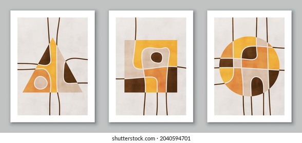 Set of trendy contemporary abstract creative minimalist hand painted compositions for wall decoration, postcard or brochure cover design in vintage style art. EPS10 vector.