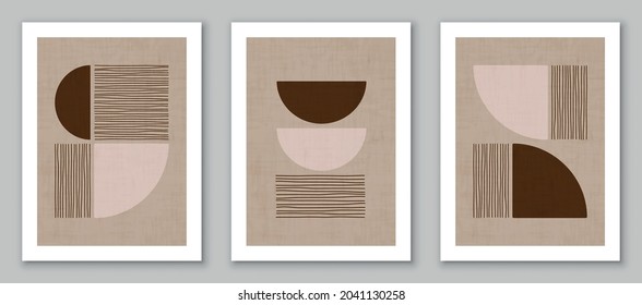 Set of trendy contemporary abstract creative minimalist hand painted compositions for wall decoration, postcard or brochure cover design in vintage style art. EPS10 vector.