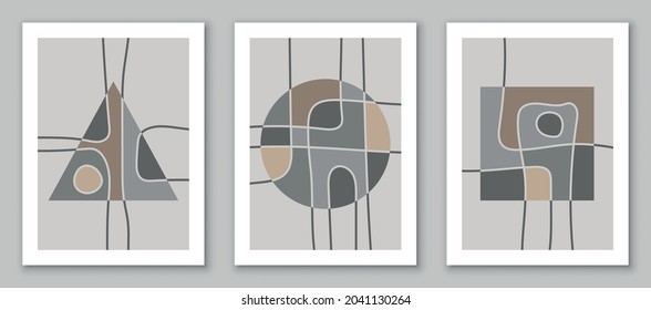Set of trendy contemporary abstract creative minimalist hand painted compositions for wall decoration, postcard or brochure cover design in vintage style art. EPS10 vector.
