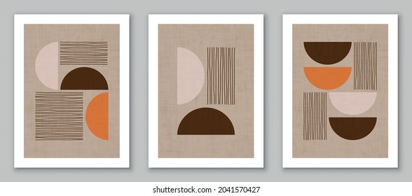 Set of trendy contemporary abstract creative minimalist hand painted compositions for wall decoration, postcard or brochure cover design in vintage style art. EPS10 vector.