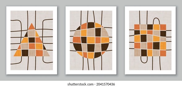 Set of trendy contemporary abstract creative minimalist hand painted compositions for wall decoration, postcard or brochure cover design in vintage style art. EPS10 vector.