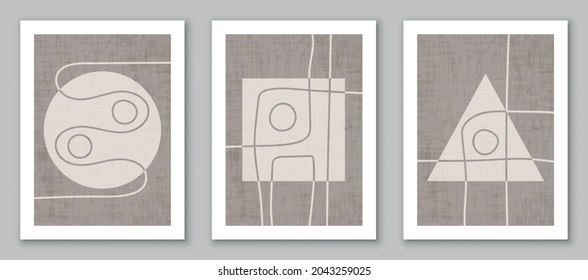 Set of trendy contemporary abstract creative minimalist hand painted compositions for wall decoration, postcard or brochure cover design in vintage style art. EPS10 vector.