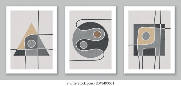 Set of trendy contemporary abstract creative minimalist hand painted compositions for wall decoration, postcard or brochure cover design in vintage style art. EPS10 vector.