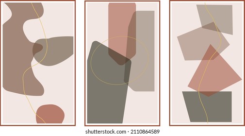 Set of trendy contemporary abstract creative hand painted compositions for wall decoration, postcard or brochure cover design in vintage.Editable vector.EPS10.
