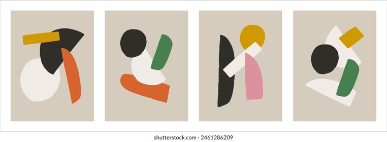 Set of trendy contemporary abstract creative hand drawn minimalist posters with organic line, shape pattern for wall decoration, postcard or brochure cover design in retro style art.