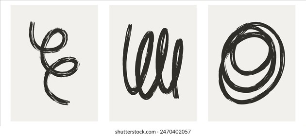 Set of trendy contemporary abstract creative hand drawn minimalist posters with organic line, shape pattern for wall decoration, postcard or brochure cover design in retro style art.