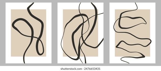 Conjunto de carteles minimalistas dibujados a mano abstractos contemporáneos de moda con línea orgánica, patrón de forma para decoración de paredes, diseño de portada de postal o folleto en arte de estilo retro.
